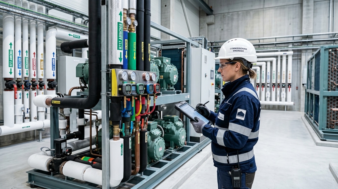 Ingegnere collaudatore durante audit e verifica strumentale impianti frigoriferi